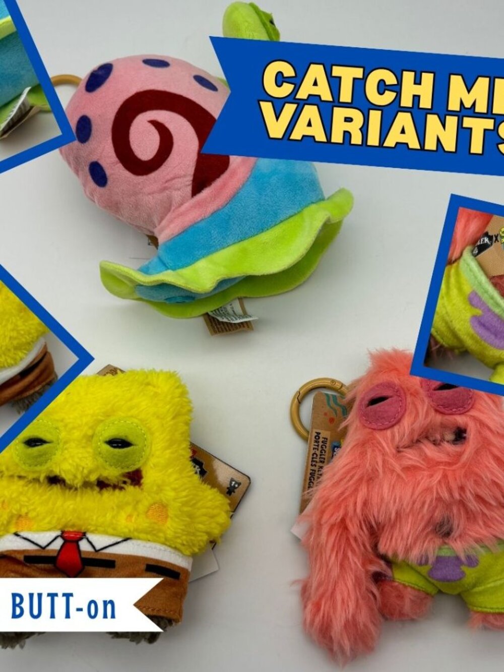 CATCH ME Fuggler Spongebob Patrick Gary 5" Plush Clip *Blue Button Variant* NWT